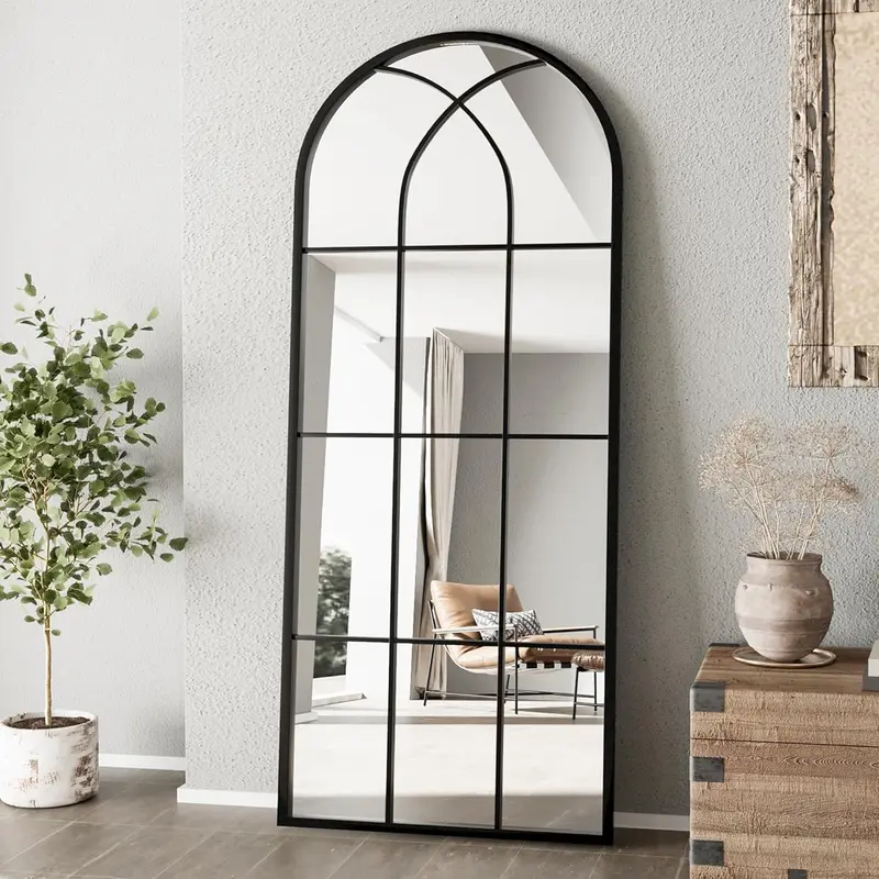 Mirror Full Length, 71"x32" Large Arched Mirror, Black Full  Window Pane Mirrors, Oversize Farmhouse Standing Wall Mirrors Hanging or Leaning for Living Room, Entryway, No Stand