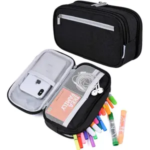 Large Capacity Pencil Case Big Storage Pencil Bag Pouch 3 Multifunctional Compartment Pen Marker Cases Holder Portable Office Stationery Organizer Supplies Makeup Bag, Black