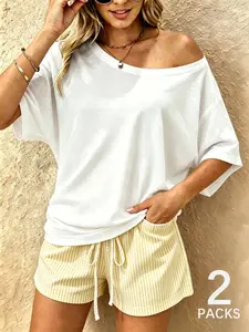 Women's 2-Piece Casual Off-Shoulder Home Set, Loose Short Sleeve Top + Drawstring Shorts, Soft Comfortable Pajama Set, Pear Shape Friendly