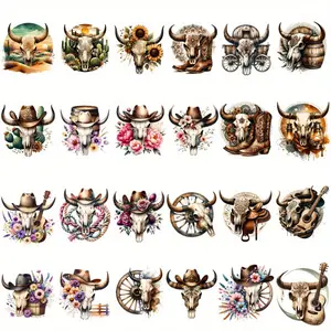 Cow Skull Country Style HTV Patches 36 Pack Washable Iron on Transfer Stickers for Tshirts Jeans Bags