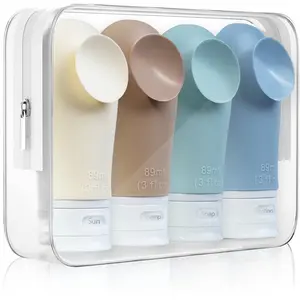 Travel toiletry bottle set, includes 4 leak-proof silicone squeeze tubes, suction cup travel bottle with toiletry bag, travel accessory shampoo container (3 fl oz)