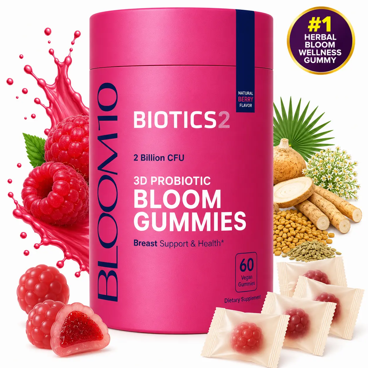 BIOTICS2 Bloom10 Probiotic Gummies for Women | 2 Billion CFU Probiotics & Prebiotics with Fenugreek, Fennel, Saw Palmetto, Chasteberry & Wild Yam | Women's Wellness Support Edible Fitness | Sugar-Free Vegan Gummies, 60 Count