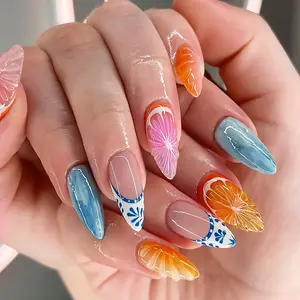 3D Oranges Press on Nails Medium Almond Fake Nails Summer Fruit False Nails Full Cover Stick on Nails Acrylic French Tip Artificial Nails for Women Glue on Nails 24Pcs