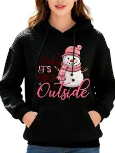 Women's Funny Cartoon Snowman Print Graphic Hoodie, Soft Waffle Long Sleeve Pocket Sweatshirt, Casual Relaxed Fit Pullover Daily Wear