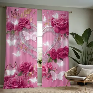 Heart Rose Butterfly Print Curtains, Fashionable Rod Pocket Window Drapes for Bedroom and Living Room, Valentine's Day Atmosphere