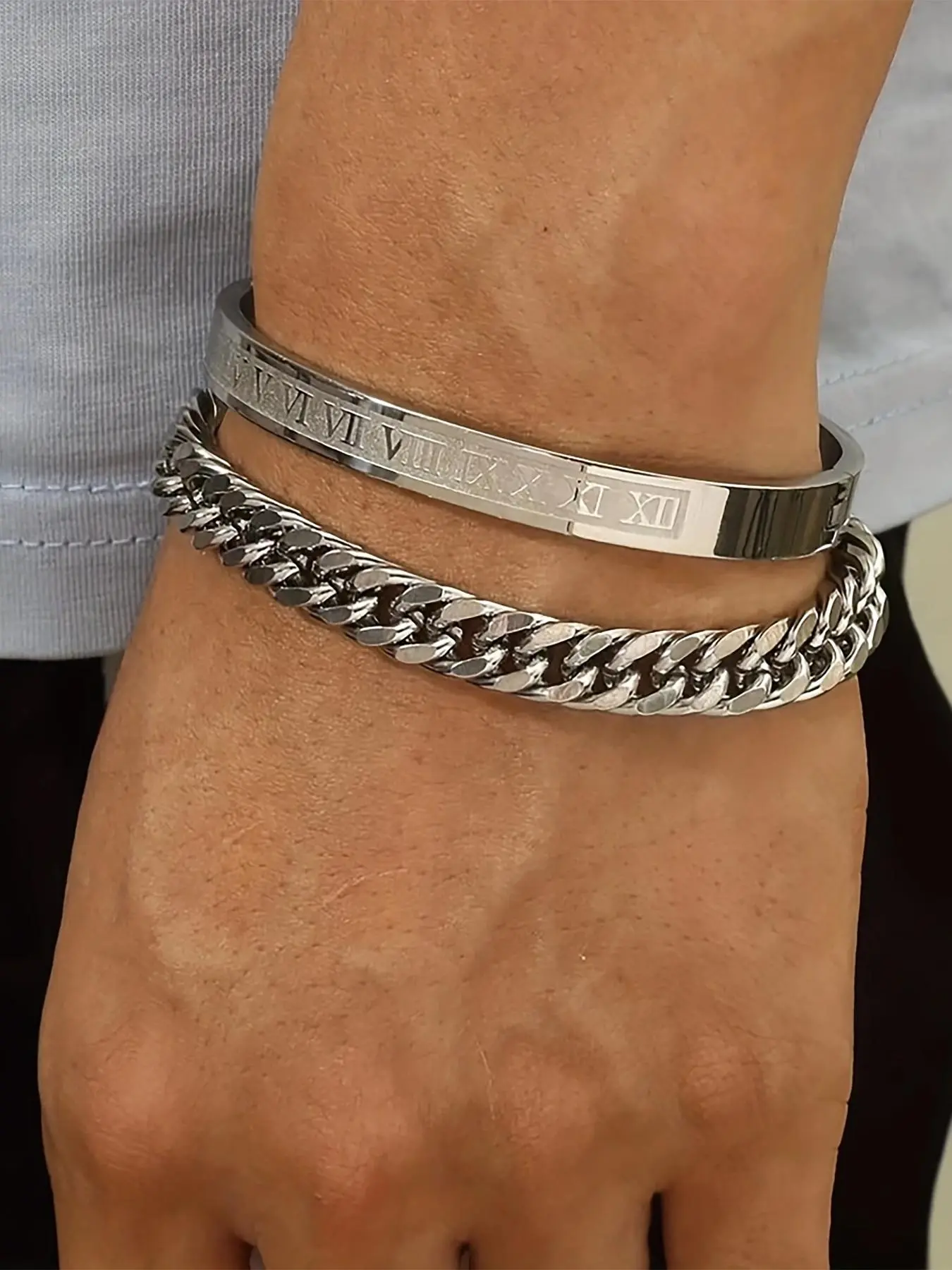 2 Counts/Set Men's Summer Plain Stainless Steel Link Chain Bracelet & Roman Numerals Design Bangle, Jewelry for Birthday Gift, Fashion Bracelets, Bracelet Sets
