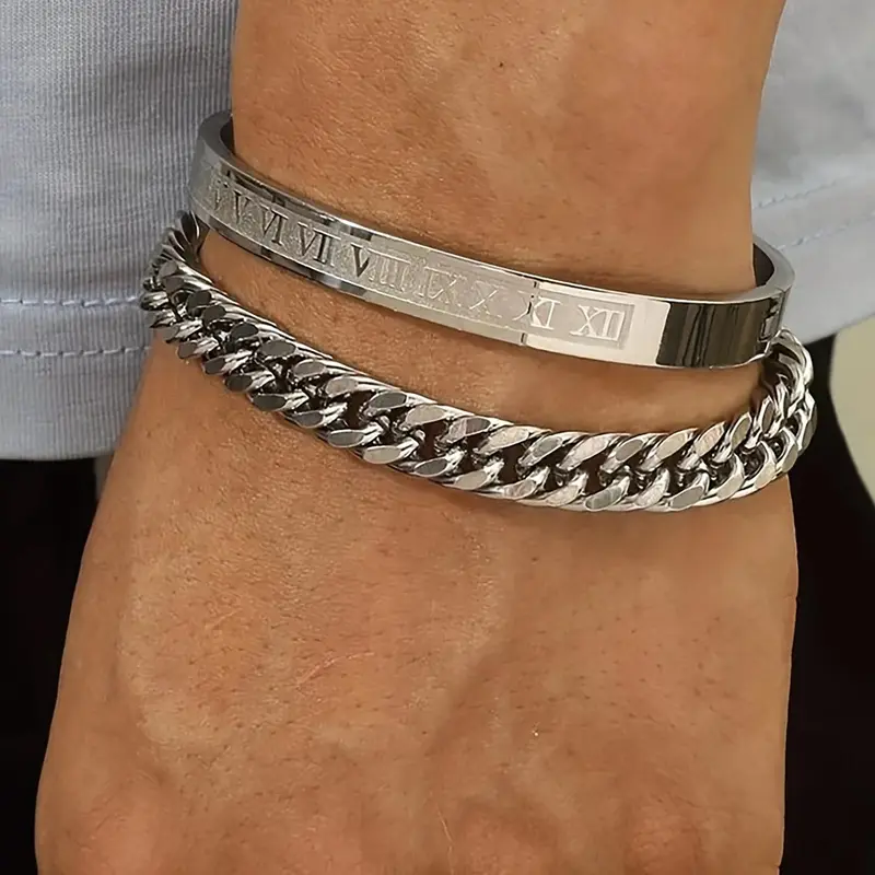 2 Counts/Set Men's Summer Plain Stainless Steel Link Chain Bracelet & Roman Numerals Design Bangle, Jewelry for Birthday Gift, Fashion Bracelets, Bracelet Sets, Stacked Design Bracelets