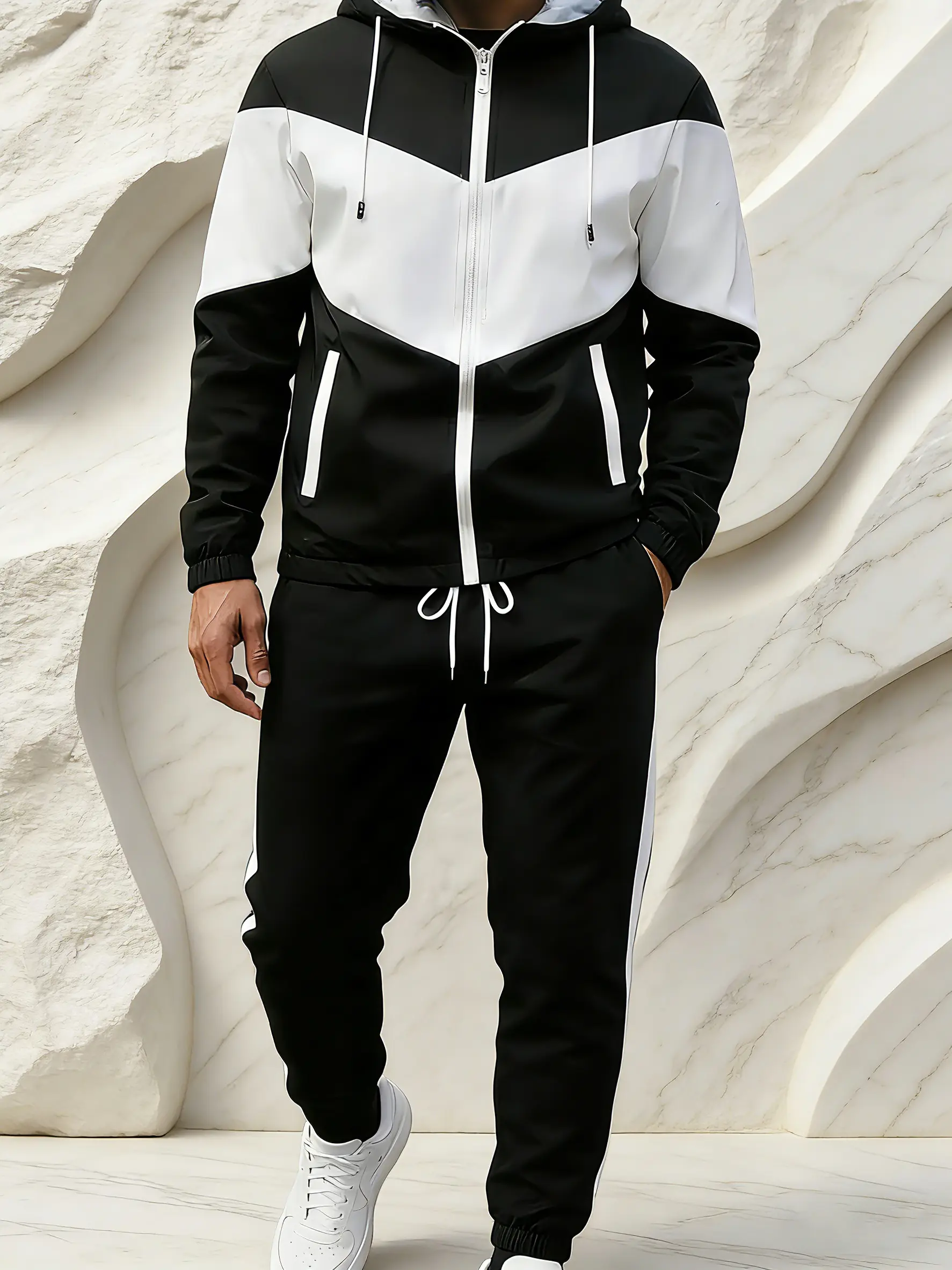 Men's Casual 2-Piece Outfit: Color-Block Zip Hoodie Jacket + Breathable Solid Drawstring Pants