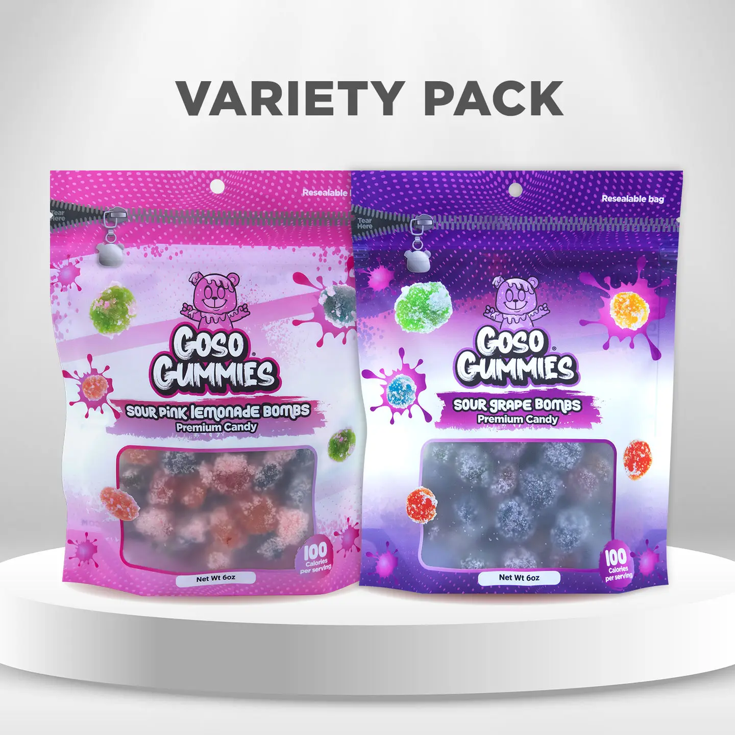 Goso Gummies Sour Pink Lemonade Bombs 6oz + Sour Grape Bombs 6oz - 12oz Duo Pack - Gushers Candy
