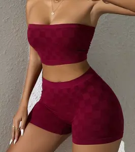 Women Casual Checked Pattern Strapless Bralette And Boyshort 2pcs Underwear Set Two Pieces Set Women 2 Pieces Set