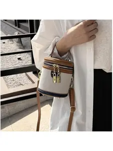 Retro Bucket Bag Color Contrast Cylinder Purse Senior Sense Style Single Shoulder Crossbody Casual Trendy Handbag with Zipper