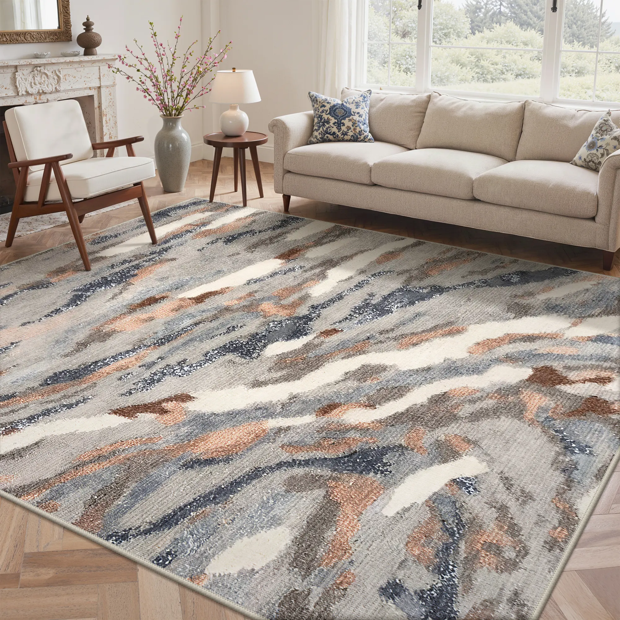 【Back To School】Machine Woven Art Area Rug - Modern Abstract, Low Pile, Decorative, Absorbent Soft, Non-Slip Backing, Machine Washable House Decor for Living Room, Bedroom, Machine Woven Rug