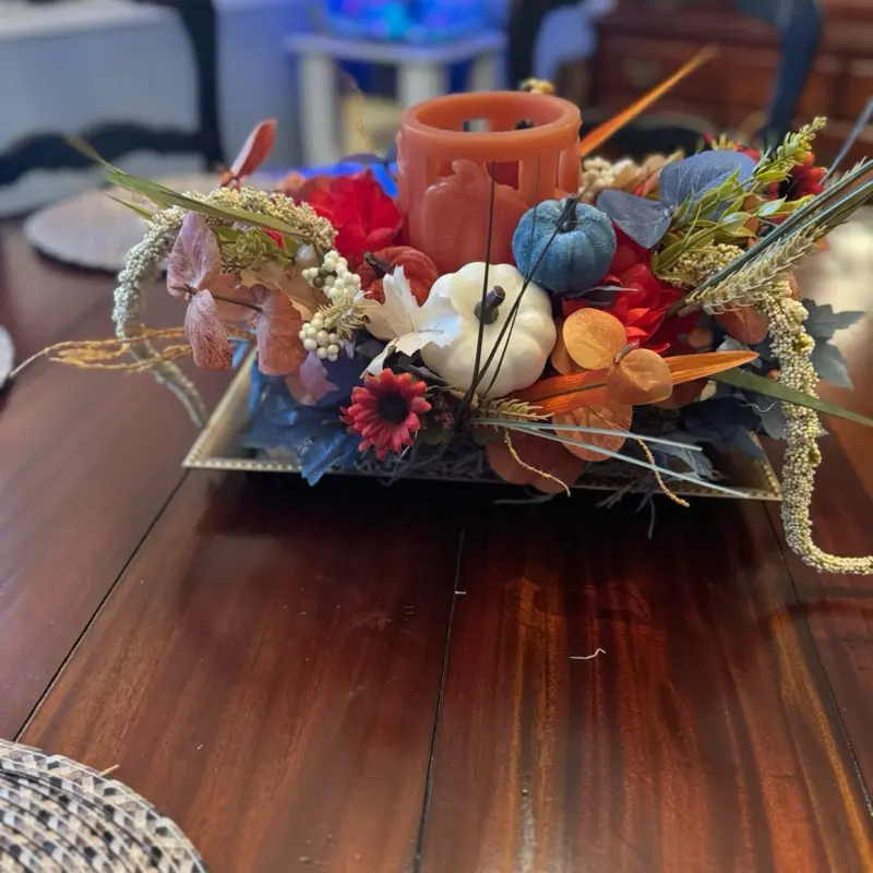 Fall Table Center Piece with Candle - Decorative Arrangement Featuring Pumpkins and Flowers for Autumn Décor