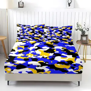 3-Piece Camouflage Printed Bed Sheet Set With Irregular Camouflage Patterns In Blue, Black, Yellow, And White, Soft And Breathable, 1 Bed Sheet And 2 Pillowcases, Without Pillow Core, Suitable For Modern Bedroom Decoration