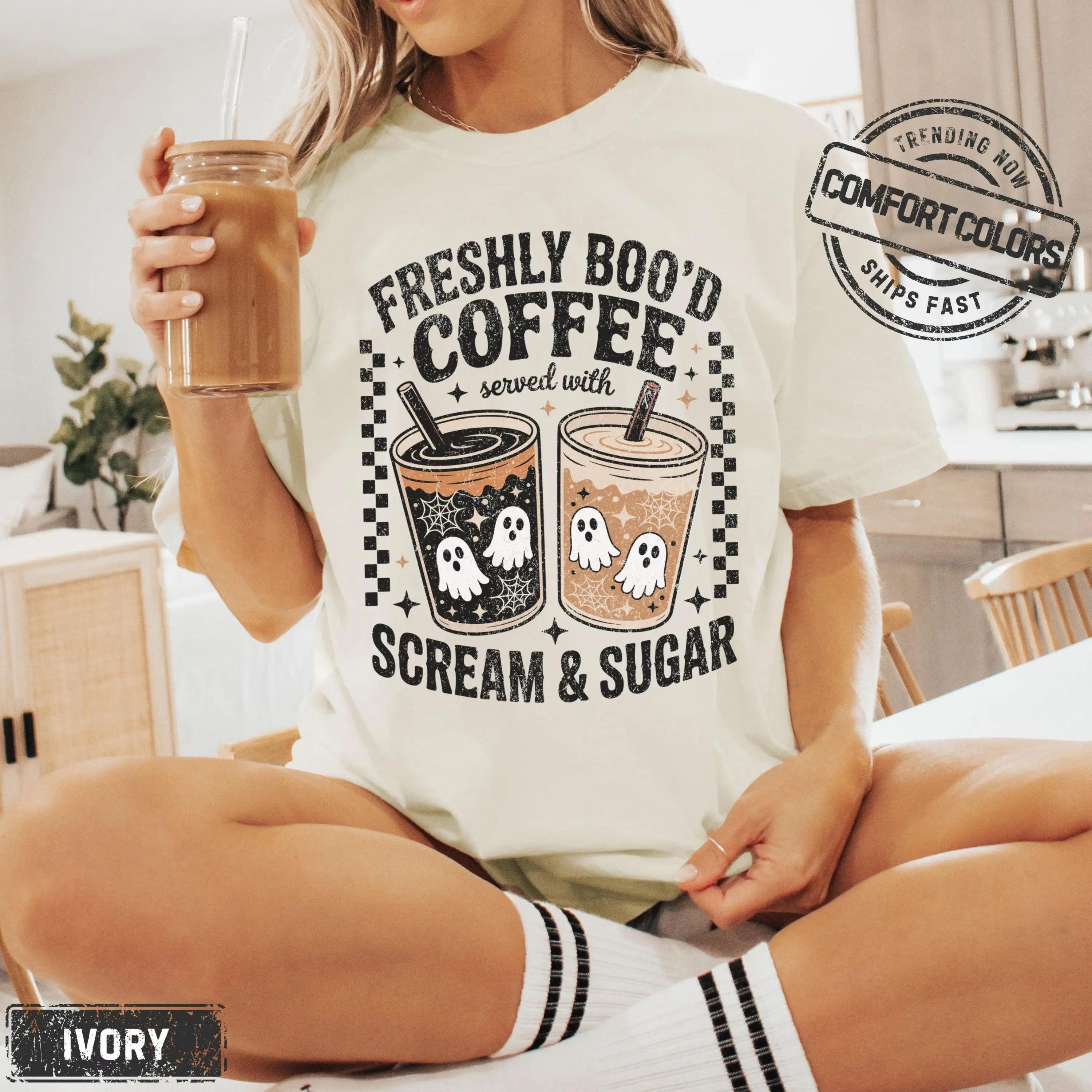 Comfort Colors Halloween Ghost Coffee T-shirt For Women And Men, Cute Boo Graphic Tee, Cozy Spooky Fall Gift Apparel Made In The Usa 10July