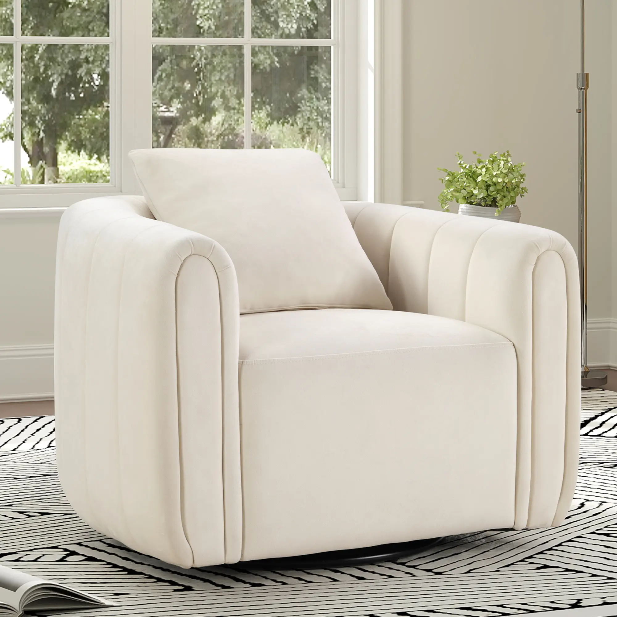 [memorialday] Hertford Swivel Feature Chair with Plump Pillow, Modern Channel Dutch Velvet Upholstery Chair, Comfortable Round Armchair, Swivel Bucket Chair for Kindergarten Living Room Bedroom
