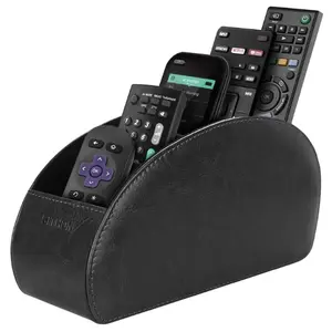 Remote Control Holder with 5 Compartments - PU Leather Remote Caddy Desktop Organizer Store TV, DVD, Blu-Ray, Media Player, Heater Controllers, Black