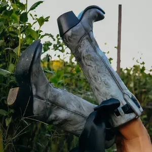 The Madi Footwear - Silver/Black Embossed Cowboy Boots with Pointed Toe & Stacked Heel for Women - Classic Western Charm & Stylish Design - Perfect for Country Concerts & Chic Nights Out