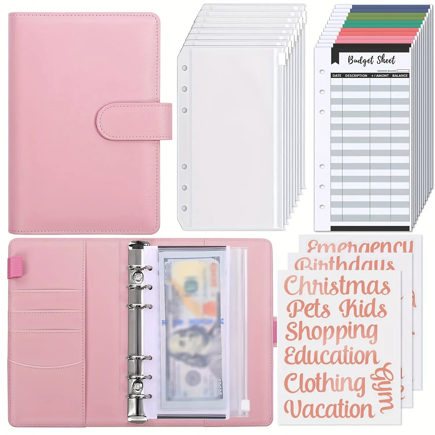 Budget Binder with Zipper Envelopes, Cash Envelopes, Expense Sheets, Hidden Compartments & Pen Hoops - Organize Expenses, Achieve Budget Goals, Fits in Handbag Office Stationery Finance Organizer, Budgetplanner, Calendars Planners