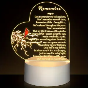 Memorial Gift Night Light Clear Crystal Acrylic Heart Sympathy Gifts Sign With LED Light Lamp Base Remembrance Bereavement Cardinal Condolence Present For Loss Of Loved One Led Home Decor Led Lighted