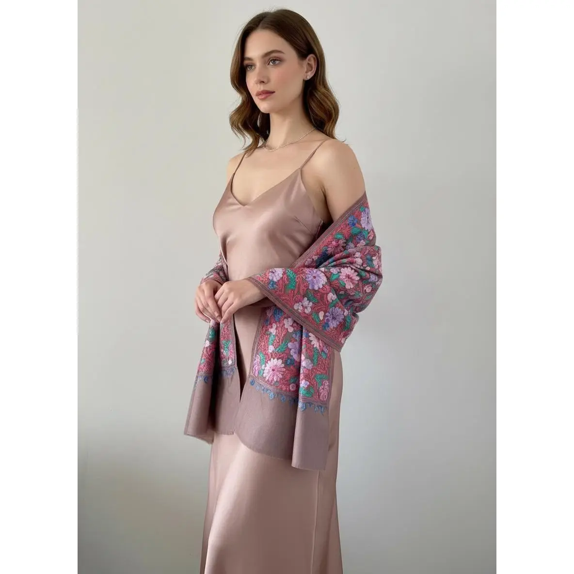 Authentic 100% Cashmere Shawl, Warm Taupe, Floral Aari Embroidery, Handcrafted Kashmiri Artisan Scarf, Wedding Gift for Her