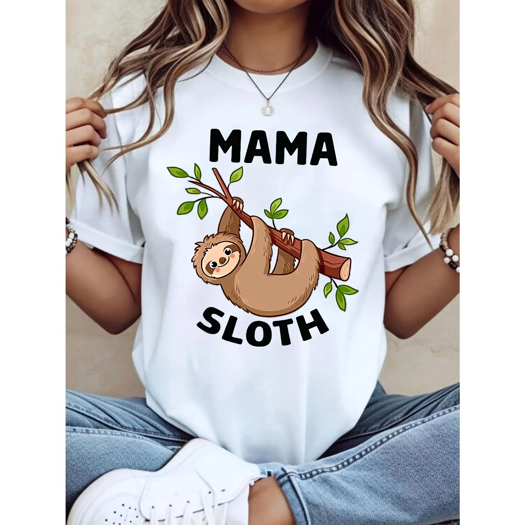 Women's Short-Sleeve Breathable Casual Essential Fabric T-Shirt - Cute Mama Sloth Graphic Tee, Funny Animal Mom Design, Gift For Mothers