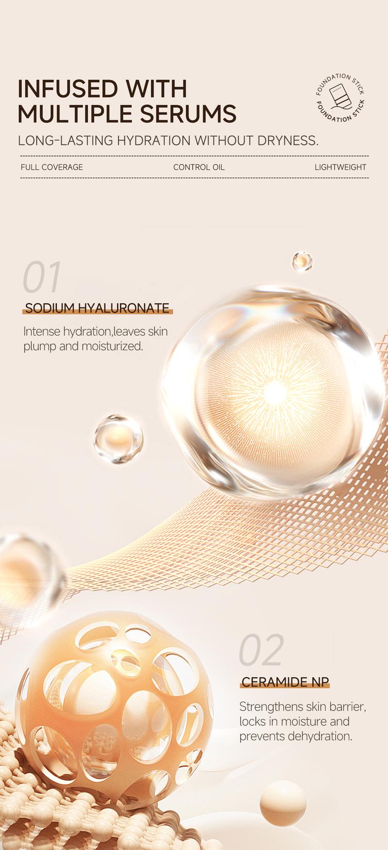 QIANWHITE Luminous Dual-Ended Concealer Foundation Stick – Built-in Brushes, Complimentary Puff, 24H Long-Lasting Waterproof Sweatproof, One-Swipe Even Flawless Base