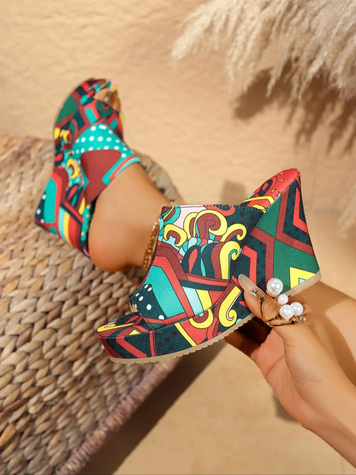 Fashionable Random Floral Pattern Slip on Wedge Sandals, Floral Wedges, Casual Comfortable Platform Sandals for Summer, Female All-match Shoes for Daily Wear, Girl