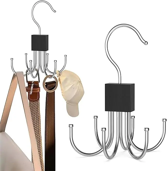 1pcs Hexagonal Multi-Hook Closet Organizer Rotatable Hanging Storage Hook for Belt, Bra, Tie, Scarf, Purse Closet Accessories Holder (Black)