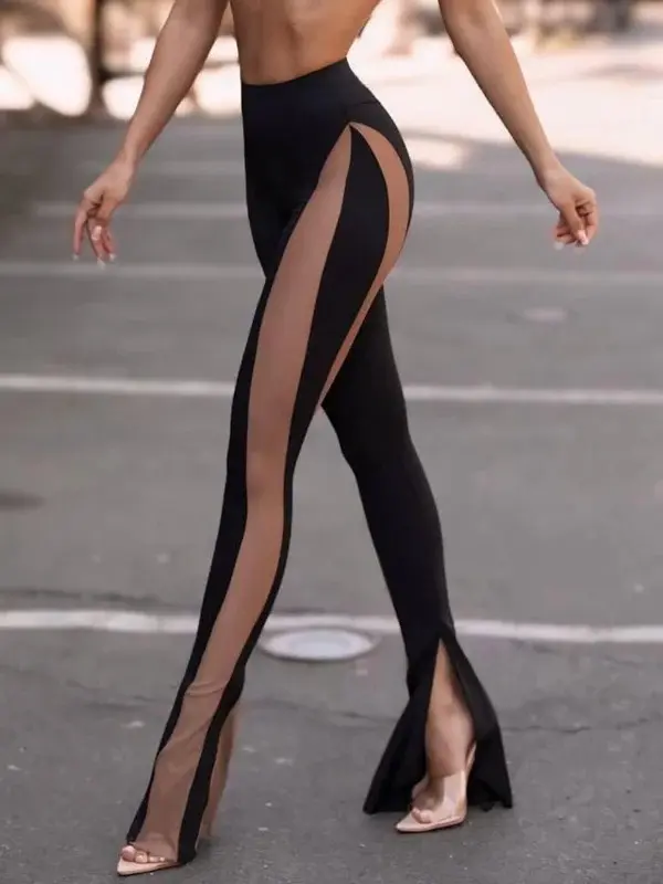 Women's High Waist Legging Bottoms with Sheer Mesh Panels and Split Leg Cutouts, Full Length Stretchy Polyester Elastane Fabric, Spandex, Multi-Size, Mesh Design, Sexy Cutout, All Seasons, Check Size Chart, Split Cheek Leggings