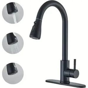 Kitchen Faucet with Pull-Down Spray(Non-Potable Water Use) Single Handle High Arc Commercial Stainless Steel Brushed Nickel Kitchen Sink Faucet with Deck Suitable for Bar Laundry RV Farmhouse (Matte Black&Brushed Nickel)