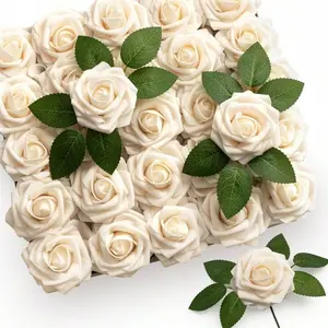 50Pcs Rose Artificial Flowers, Cream White Fake Roses With 5Pcs Rose Leaf For Decorations, Real Touch Beige Foam Rose Bulk With Stems DIY Wedding Bouquets Floral Arrangements Bridal Shower Party Home Table Decor hanging Plum Blossom Decorative Handmade