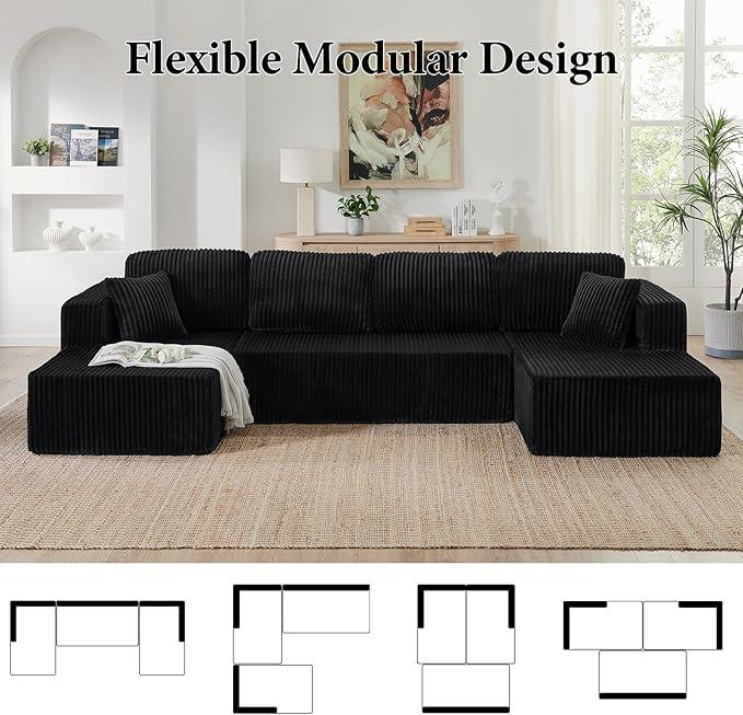 [3 or 2 Packages Shipped] [Christmas] Niccae U-shaped Modular Sectional Sofa, Compressed Corduroy Fabric, Modern Style Living Room Sofa Bed, Space-Saving Recliner Design - Convertible Corduroy Sectional Sofa