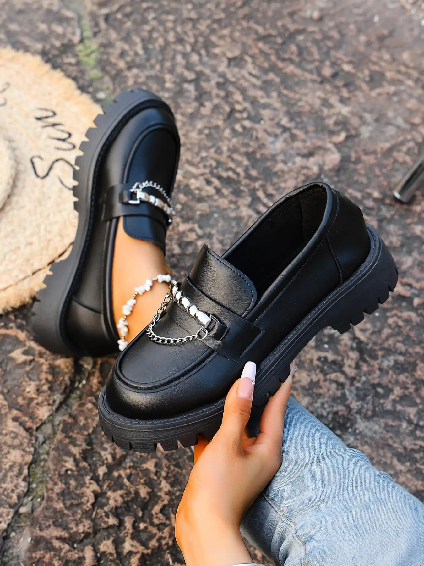 Women's Fashionable Chain Decorated Loafers, Slip On Style Casual Comfortable Platform Shoes for Daily Wear, Lightweight Breathable Shoes for Women & Girls, Walking Shoes, Flats, PU Leather Loafers, Flatform, Footwear