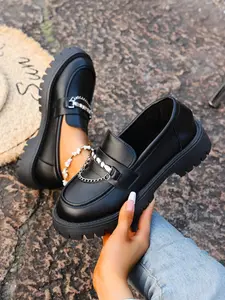 Women's Fashionable Chain Decorated Loafers, Casual Comfortable Platform Shoes for Daily Wear, Lightweight Breathable Shoes for Women & Girls, Flats, PU Leather Loafers, Flatform, Footwear