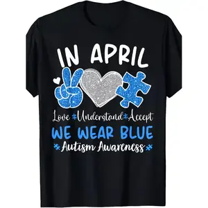 Autism Awareness April TShirt Wear Blue Puzzle Piece Peace Sign 220GSM Cotton Tee Unisex Autism Shirt