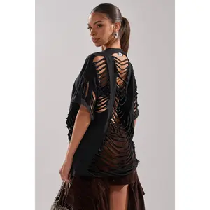 Women's Slashed-Up Oversized Short-Sleeve Black Tee