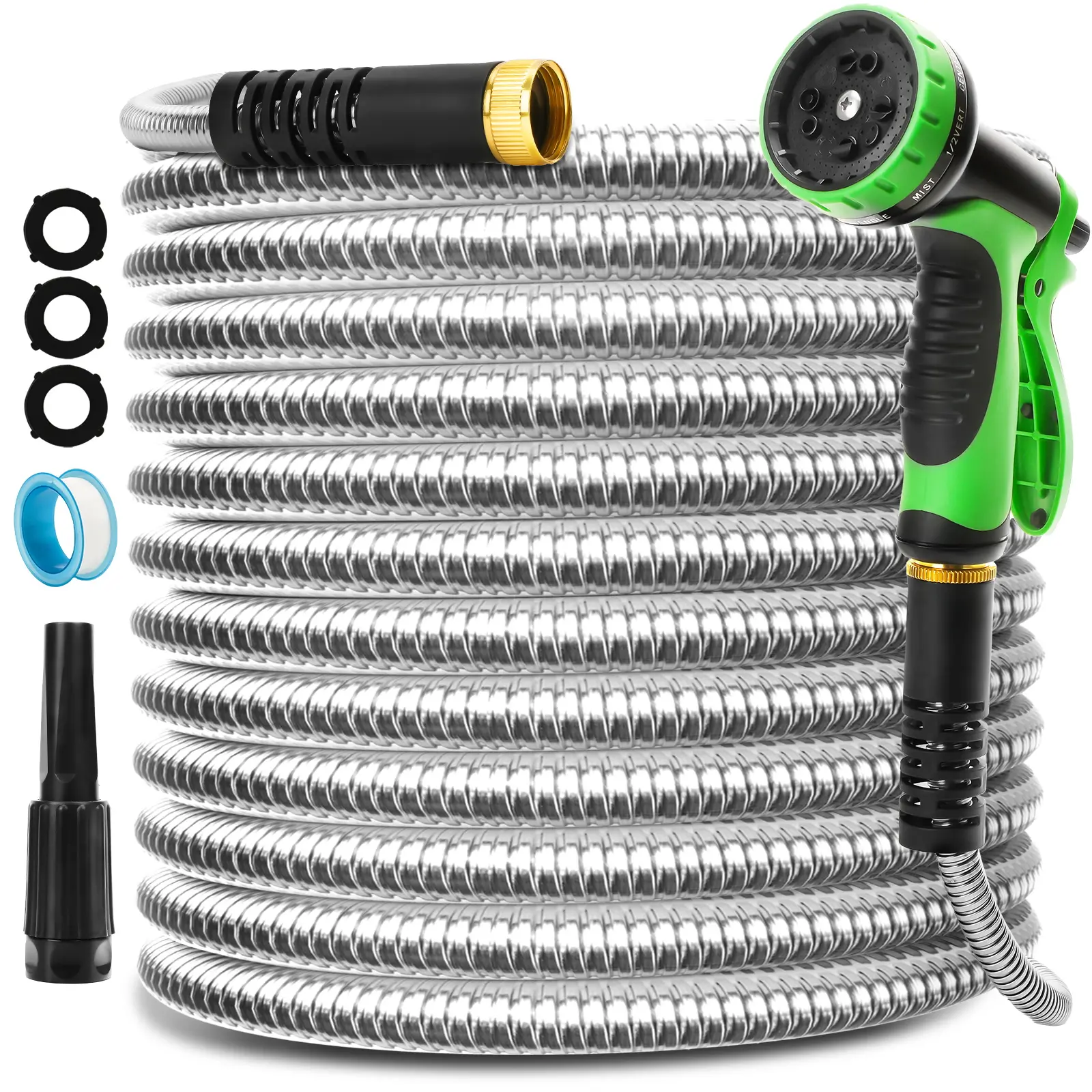 Stainless Steel Garden Water Hose (50/100 ft) - Flexible, Durable, Kink-Free, Puncture-Resistant Metal Hose with 3 Fitting Sprinklers, 10 Nozzles for Patio, Outdoor Watering