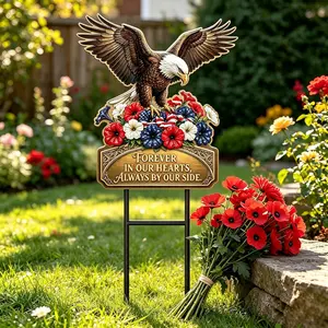 20" Metal Father's Day Veteran Gift - Patriotic Eagle Garden Stake - Forever in Our Hearts Memorial Decor - H-Frame Grave Marker for Cemetery - July 4th Yard Art