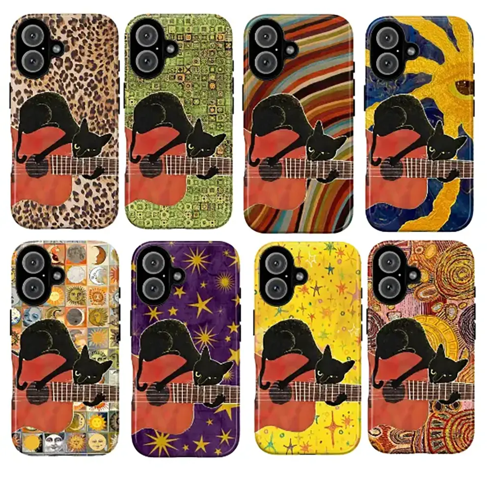 Multi-Model Animal Fabric Protective Phone Case - Whimsical Artistic Design (Black Cat on Red Acoustic Guitar, Leopard Mosaic Swirls, Celestial Stars, Abstract Sunburst, Play Now Aesthetic) for iPhone 17-11 Pro Max Plus X, Galaxy S26-S21 Ultra, 100% Cotto
