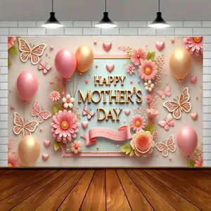 Happy Mother's Day Decorative Banner, Floral & Butterfly Design Backdrop, Wall Decor for Home, Garden, Studio Celebrations & Outdoor Events, Ornaments