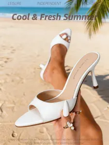 New Summer Women's White Minimalist Smooth Mule Heels | Slip-On Open Toe Stiletto Heeled Slide Sandals | Quiet Luxury Old Money Style Walkable Heels for Beach Vacation Wedding Bridesmaid Office Date Night Evening Party & Daily Wear