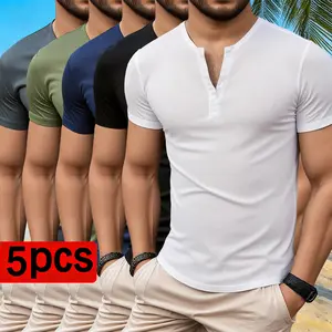 Pack of 5 men’s short-sleeve Henley shirts, solid color design, breathable and comfortable, pullover style, suitable for office casual wear and outdoor summer activities. beach outfit men Long-Sleeved Men's Polo Vintage In Utero Graphic Tee concert