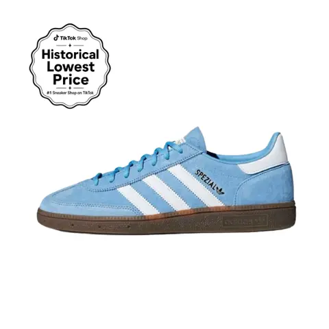 Adidas Handball Spezial Vintage Women's Flat Sneaker Shoes - Light Blue Cloud White, Soft Suede, Stripes, Gum Sole, Old School Athletic Fashion Gym All Day Sneakers, Retro Daily Walking Active Sports Shoes