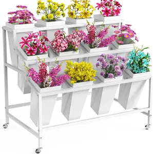 Flower Display Stand with 12 Buckets White Flower Cart 3 Layers Metal Flower Bar Stand with Wheels, Moving Florist Bouquet Shelf for Weddings Florist Indoor Outdoor Patio Garden Living Room