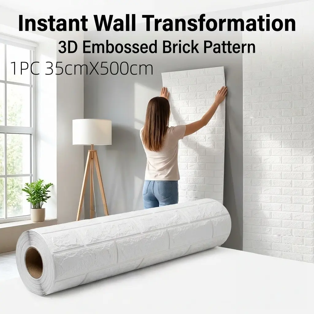 3D self-adhesive white brick-patterned wall sticker roll, waterproof foam Neutral peel and stick wallpaper, suitable for bedroom and living room decoration, simply peel and stick.