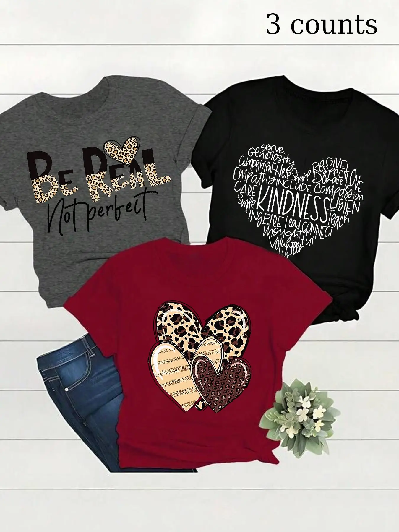 Women's Leopard Heart & Letter Print Round Neck Tee, Casual Short Sleeve T-shirt for Summer, Ladies Clothes for Daily Wear, Cute Tops