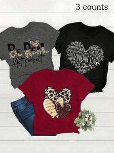 women's leopard heart & letter print round neck tee, casual short sleeve t-shirt for summer, ladies clothes for daily wear, cute tops, womenswear, clothes for women, tshirt
