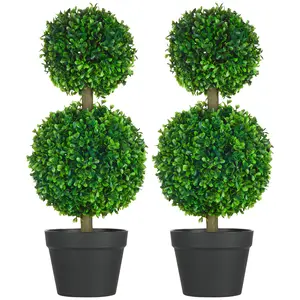 HOMCOM Set of 2 23.5" Artificial Ball Boxwood Topiary Trees with Pot, Indoor Outdoor Fake Plants for Home Office & Living Room Decor