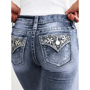 Women's High-Waisted Embroidered Skinny Denim Pants - New European-American Washed, Slim-Fit, Elastic, Streetwear Basic Solid Lady Bottoms
